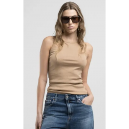 REPLAY RIB-KNIT SLIM-FIT TOP TAN